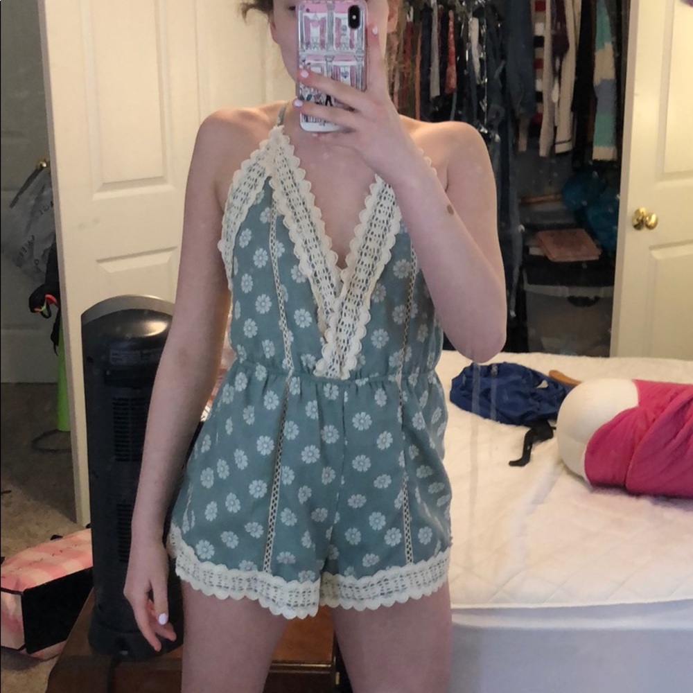 green & cream lace romper
